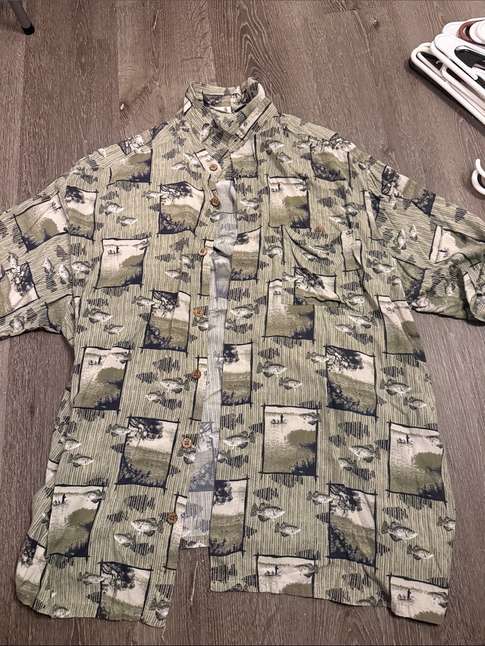 Puritan Shirt Mens XL Green Fish Scenic Short Sleeve Button Up Casual Rayon